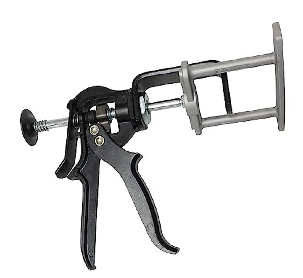 Brake pad spreader tool with black handles, gray metal pull rod, and dual piston head