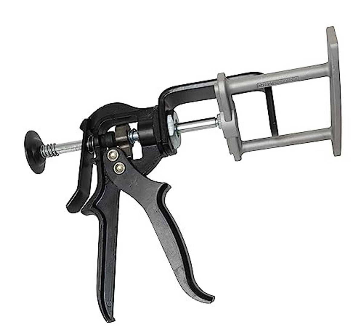 Brake pad spreader tool with black handles, gray metal pull rod, and dual piston head