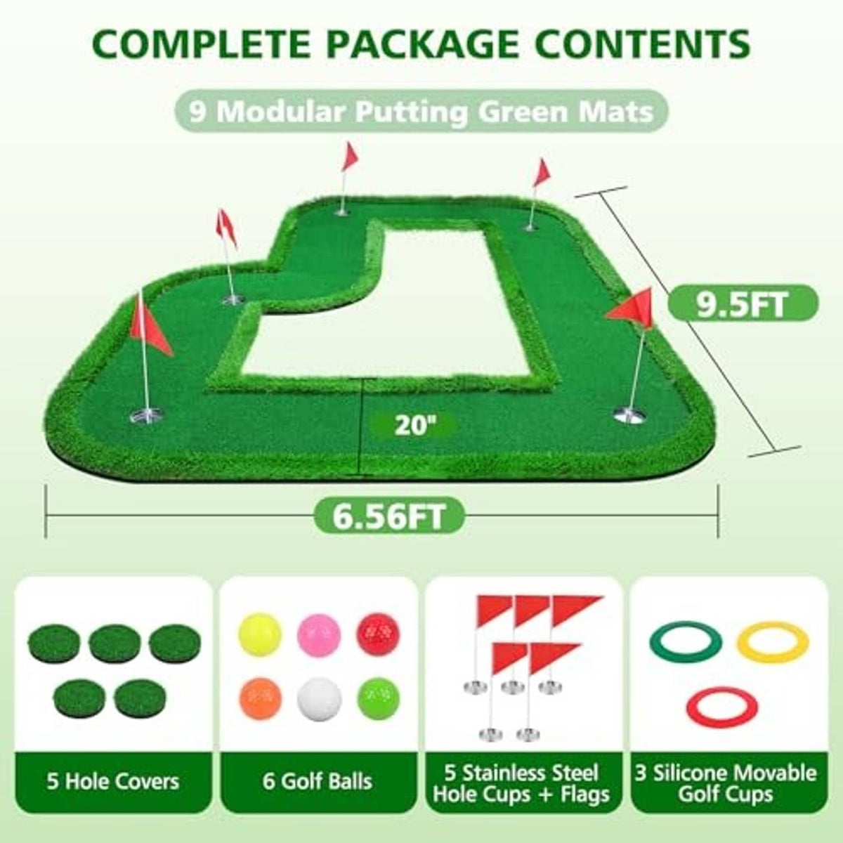 Putting green set with modular mats, hole covers, golf balls, cups and flags