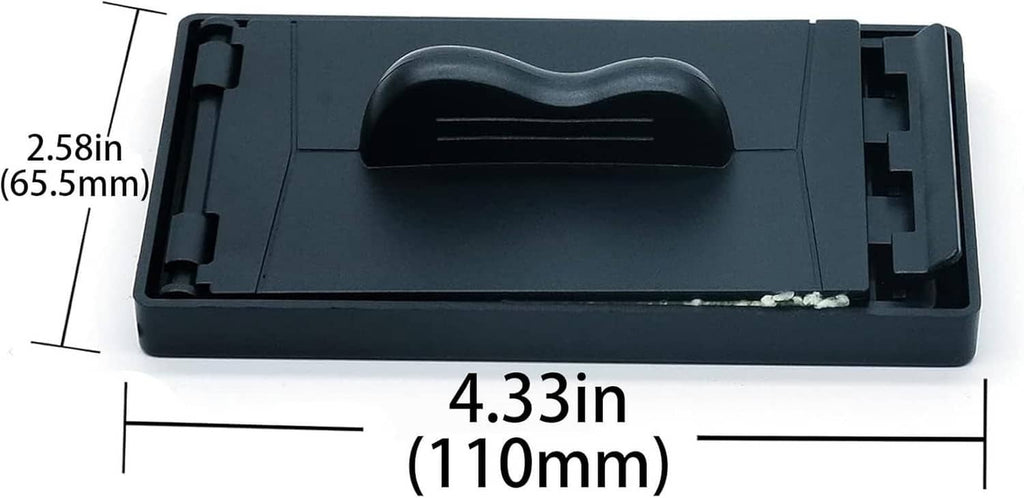 Black guitar string cleaning tool case with handle; 110mm x 65.5mm size shown