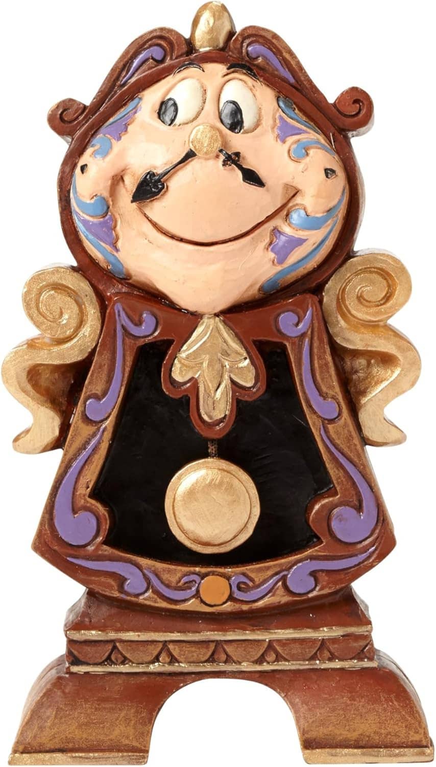 Cogsworth figurine with curled hair, black coat, and gold circular pendant
