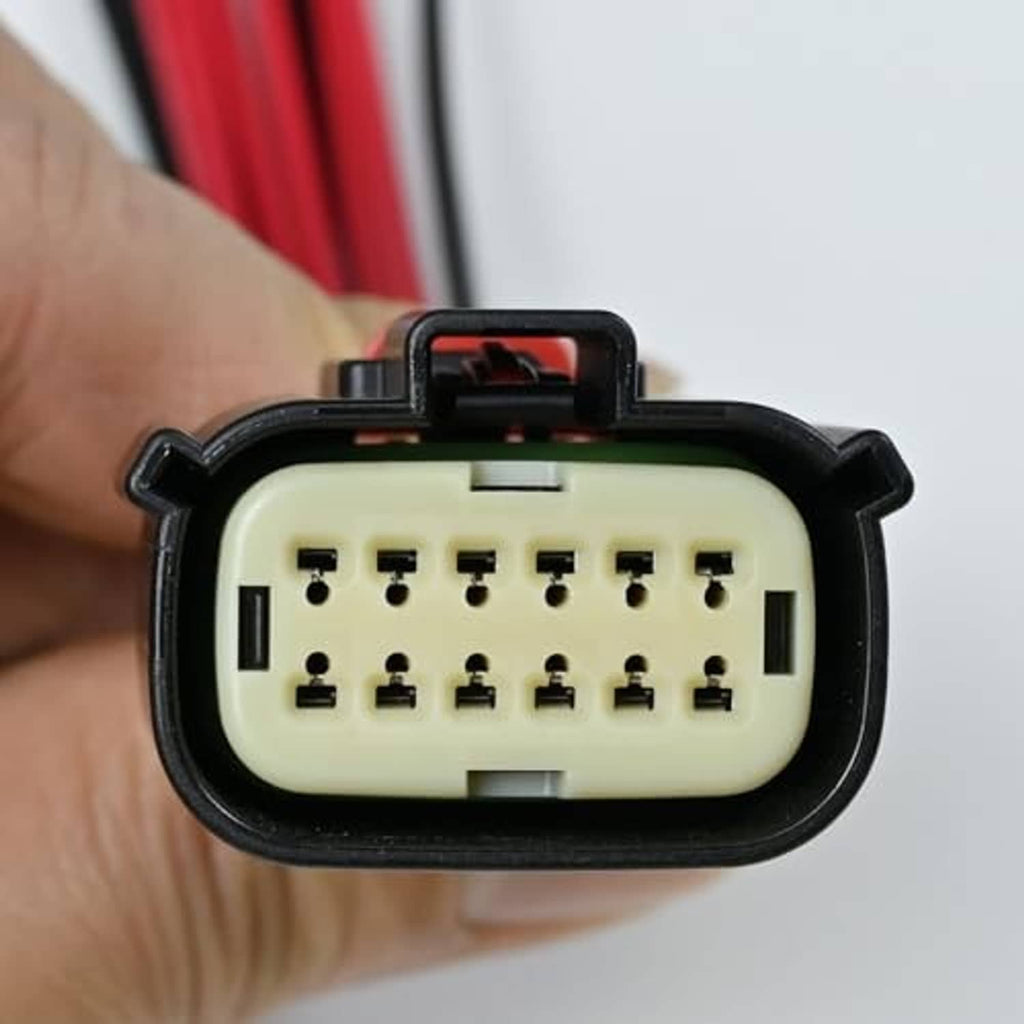 Beige multi-pin connector face inside black headlight plug housing