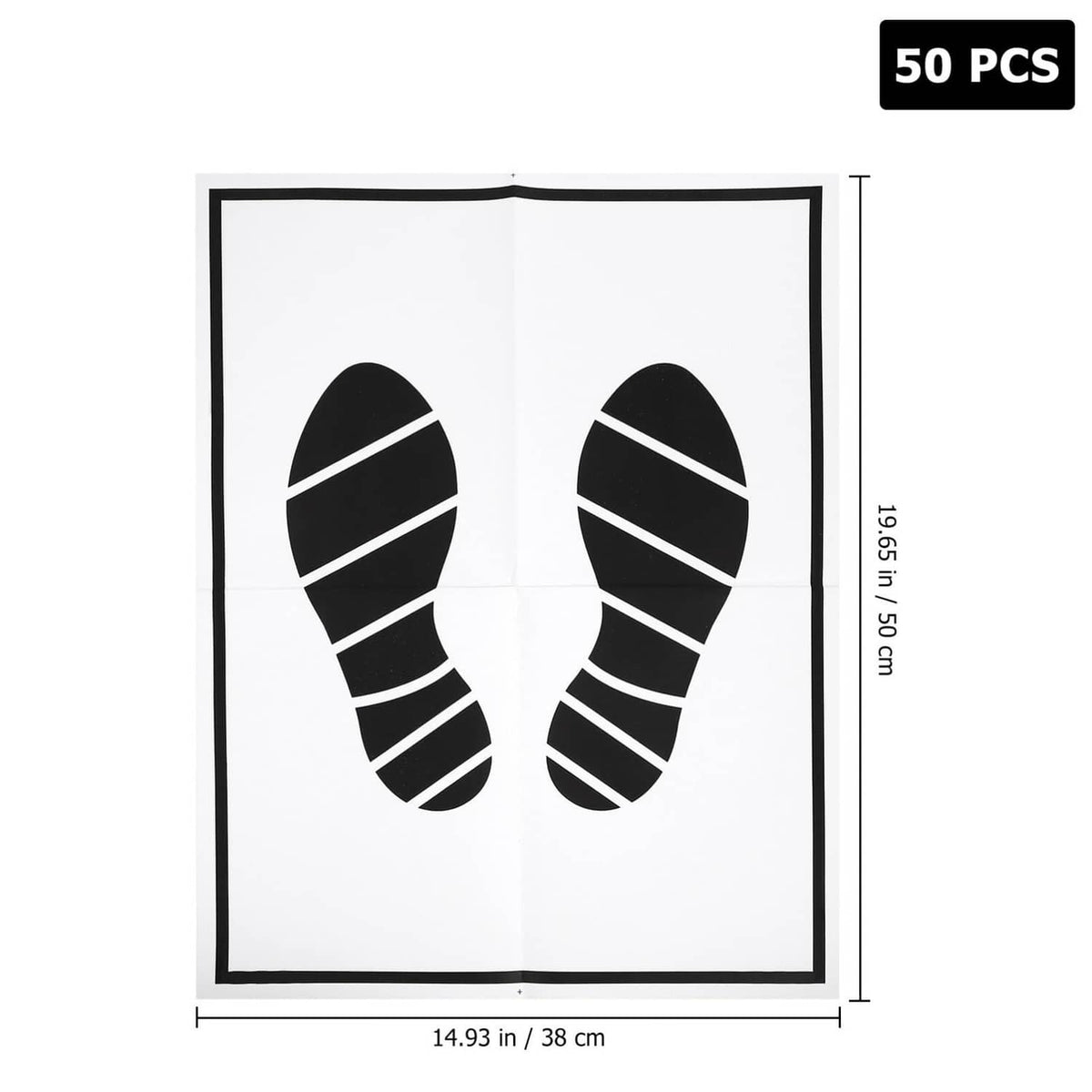 Disposable paper foot mat with black striped footprints, rectangular sheet with size guides