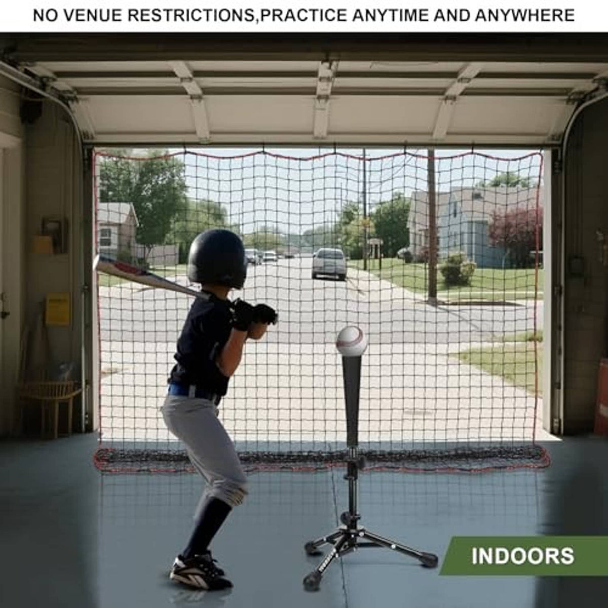 Indoor sports backstop net barrier over a pitching area with black frame posts