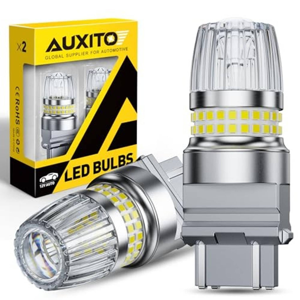 LED reverse light bulb with clear top lens, silver base, and yellow LED chip strip