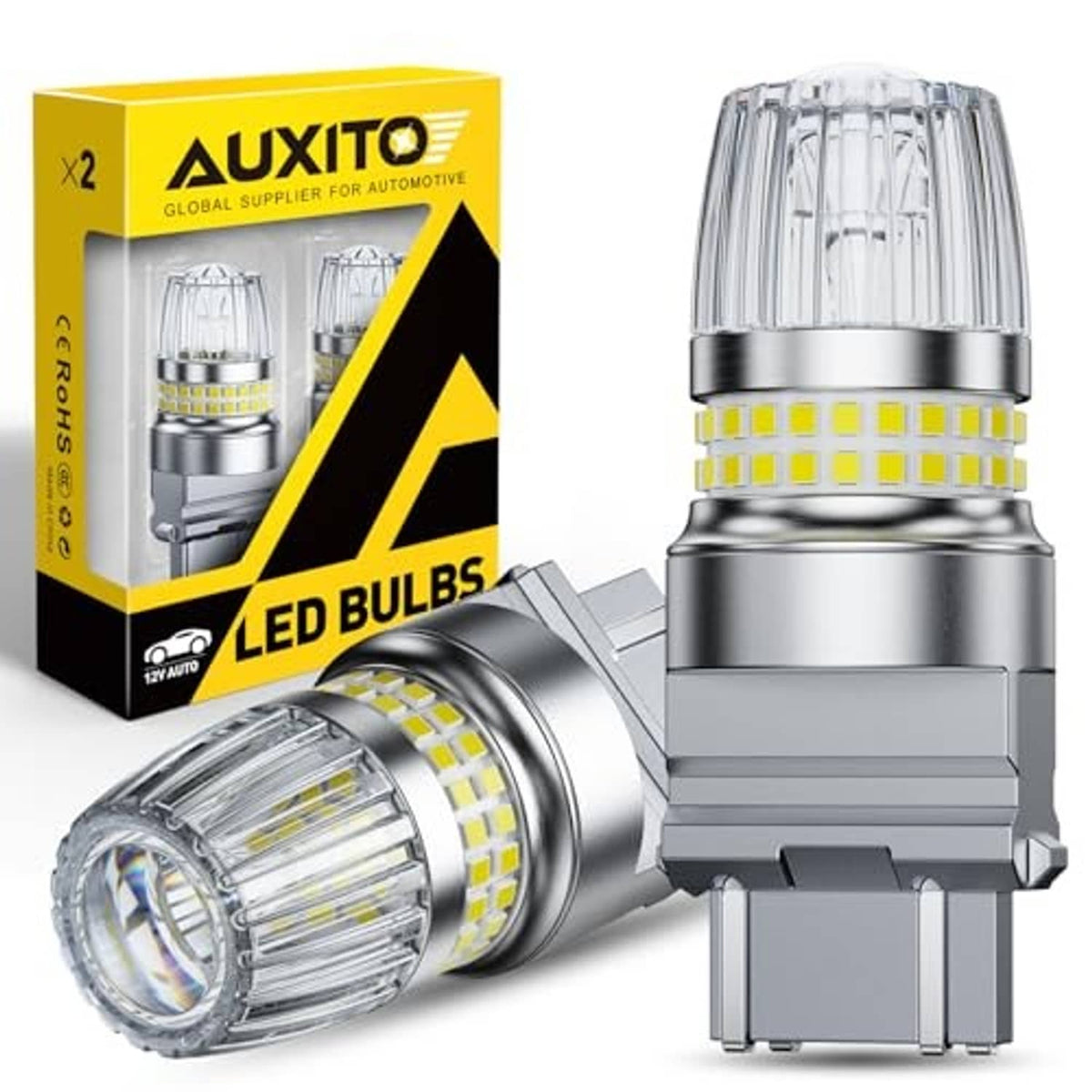 LED reverse light bulb with clear top lens, silver base, and yellow LED chip strip
