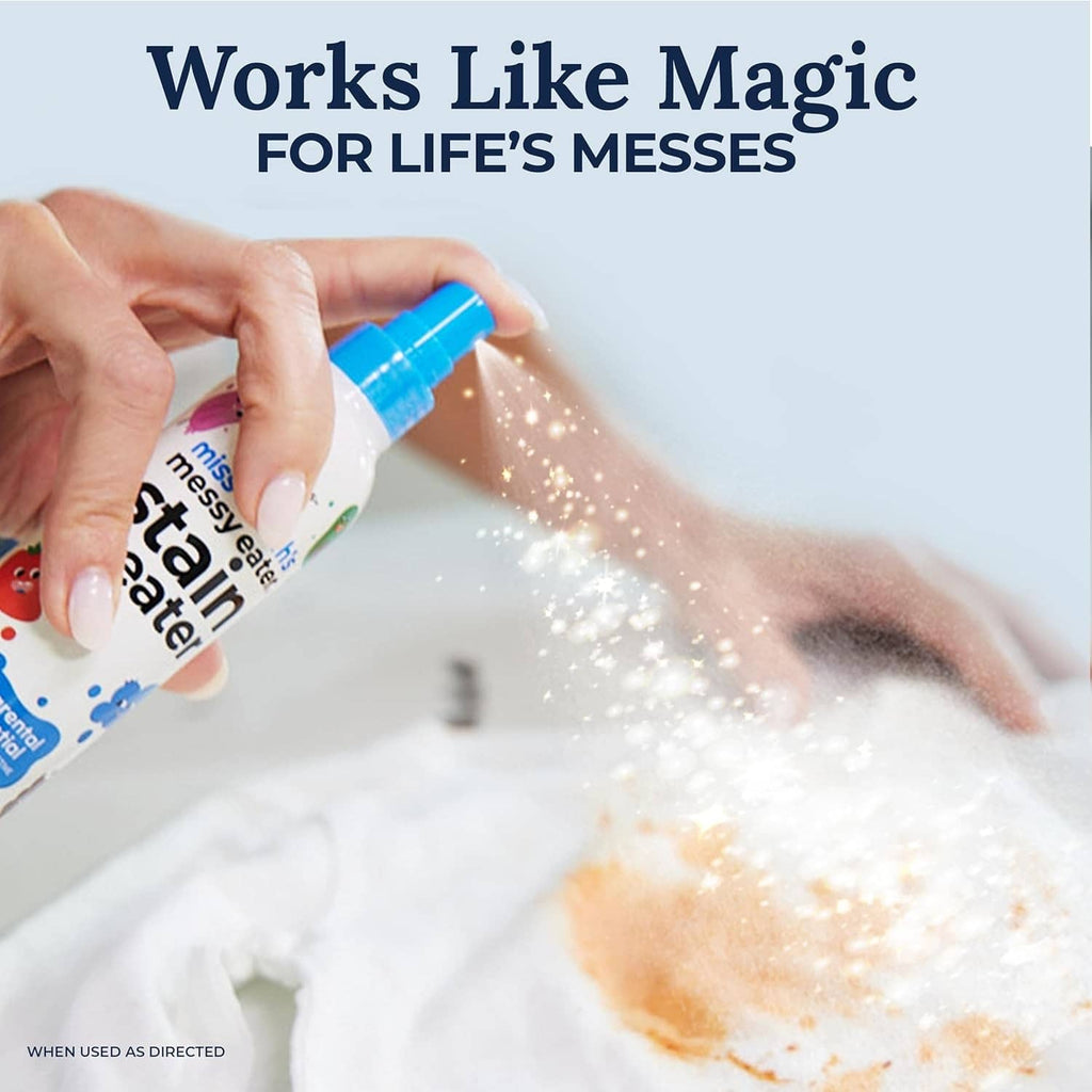 Stain treater spray bottle with blue cap, fine spray mist from nozzle