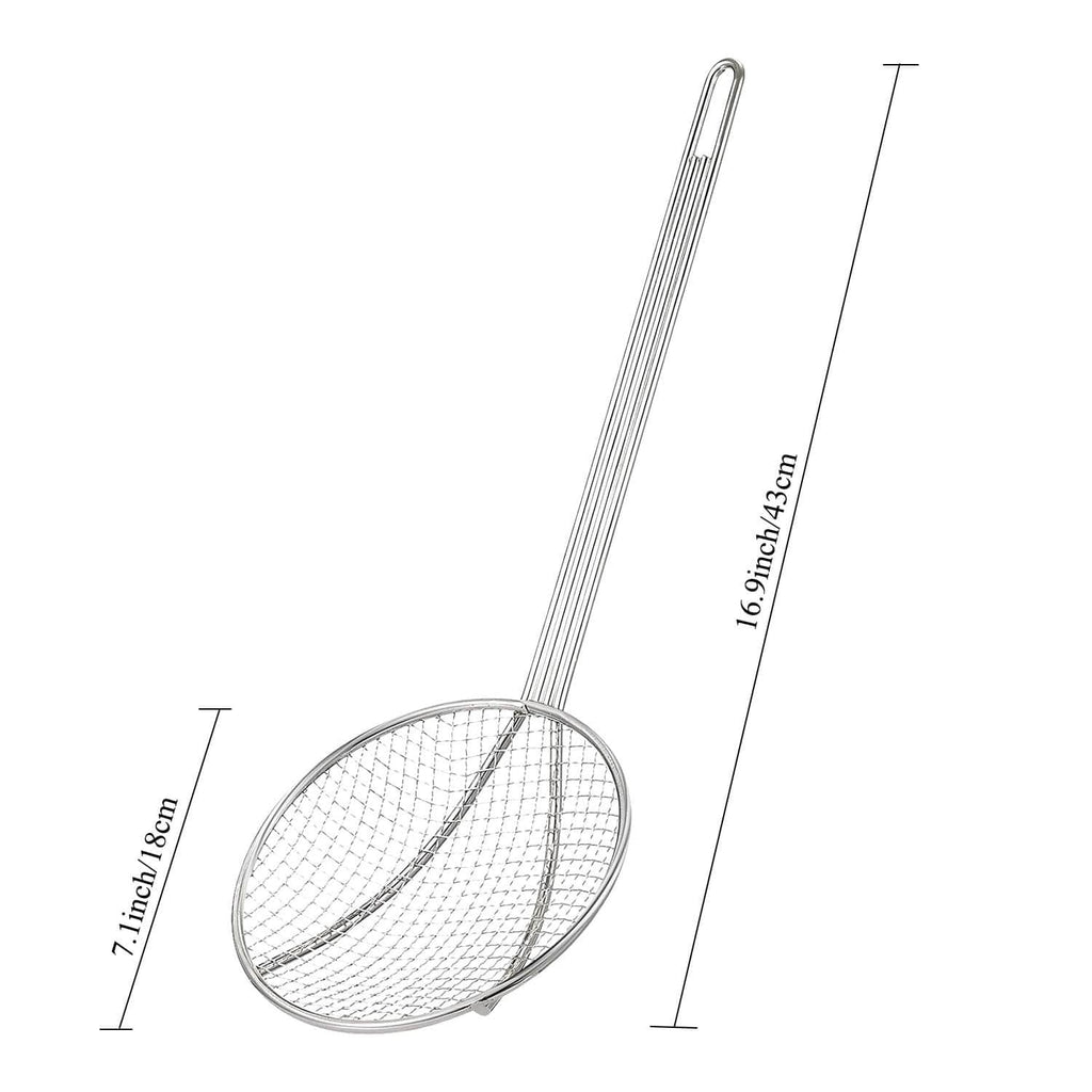 Large round mesh skimmer head with long metal handle for frying