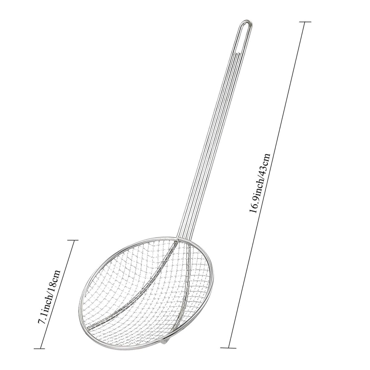 Large round mesh skimmer head with long metal handle for frying