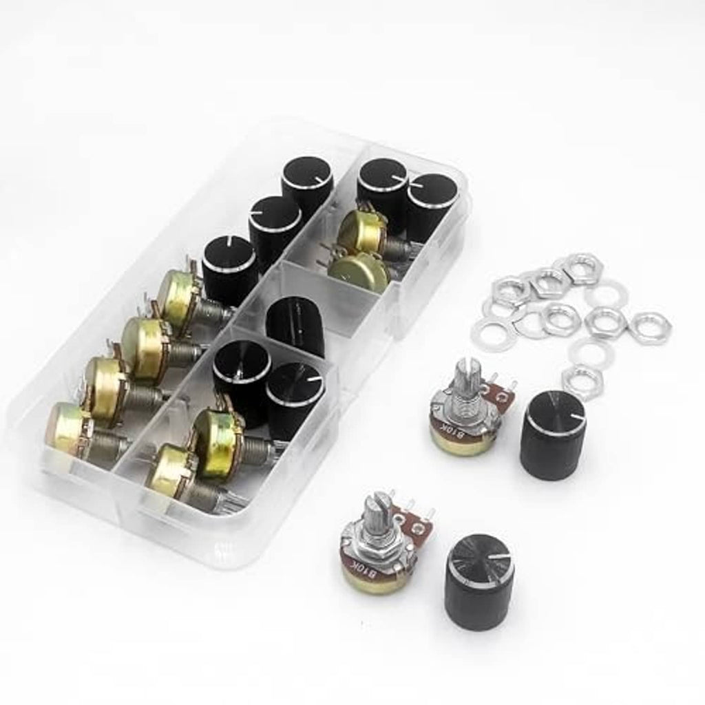 Rotary potentiometer set in clear box: metal-shaft pots, black knobs, and mounting nuts