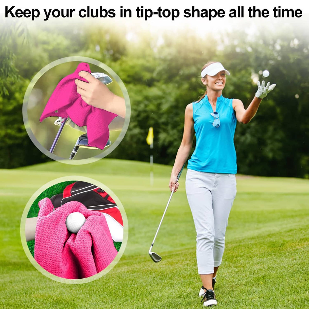 Pink microfiber golf towel with metal clip, attached to a golfer’s bag