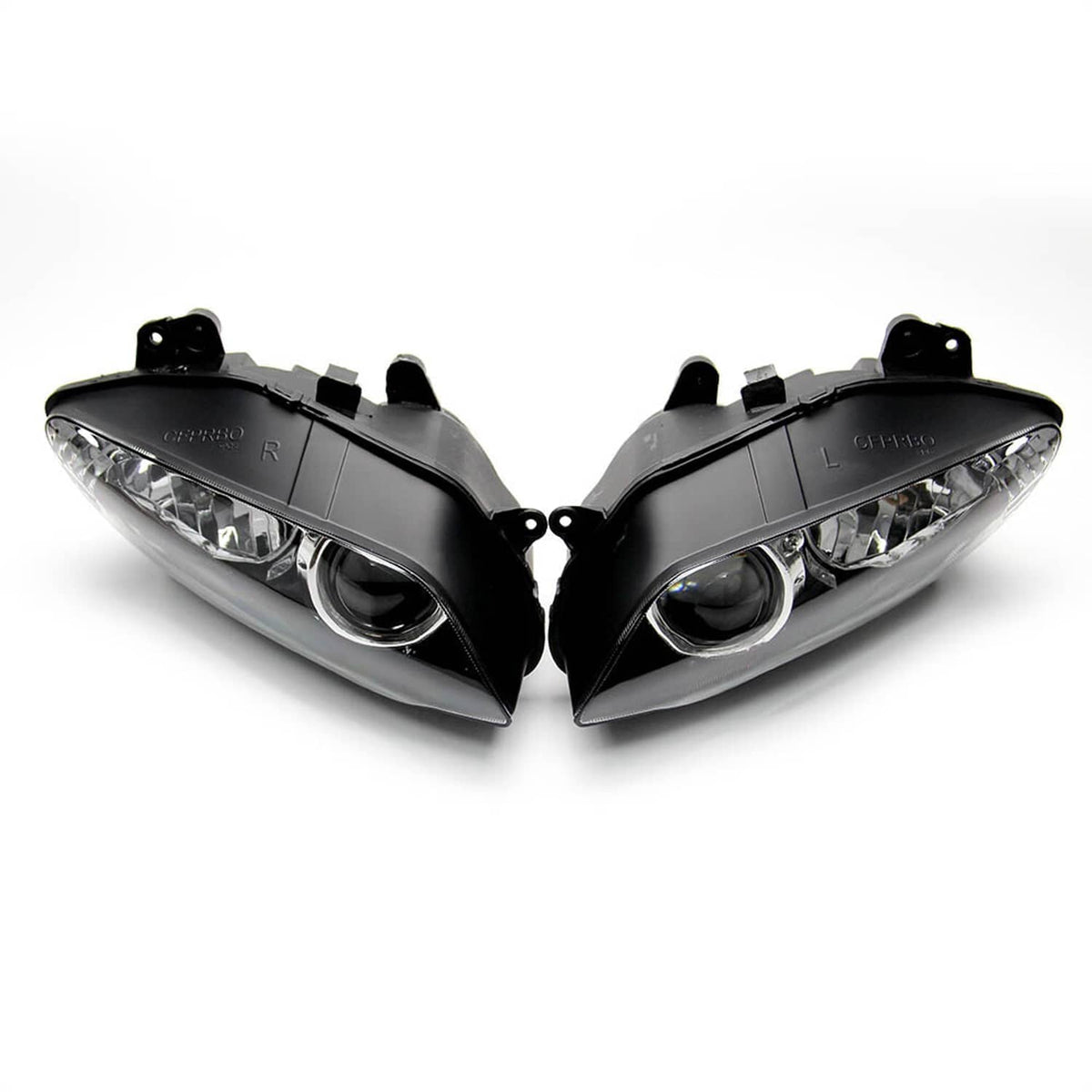 Front headlight assembly with upper stay bracket, two black projector-style units with clear lens