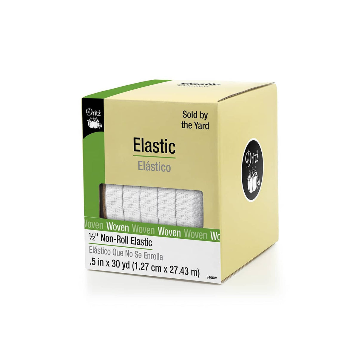 Dritz non-roll woven elastic tape, white, 1/2-inch, 30-yard roll (boxed)