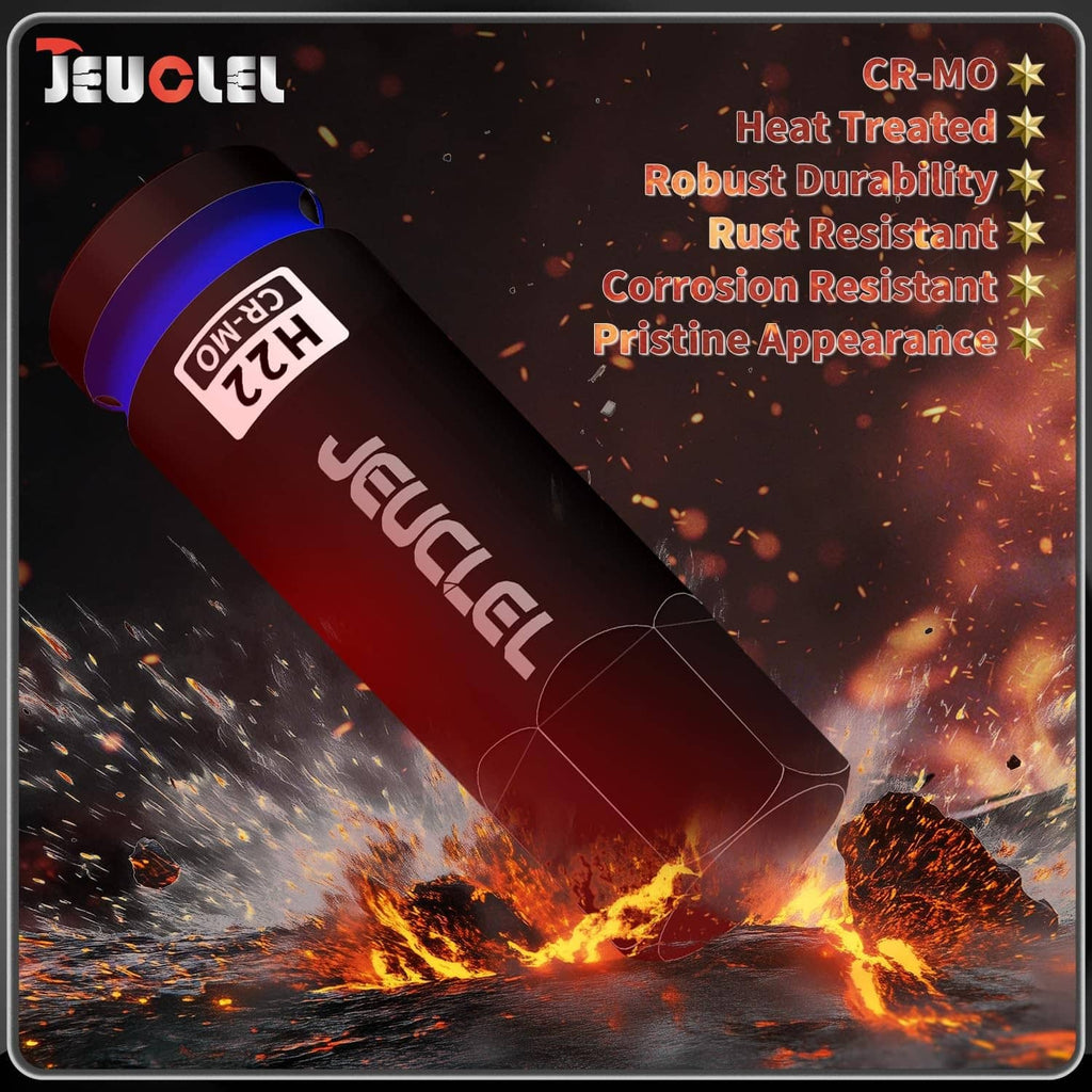 Black 22mm hex impact socket with blue ring, angled view and hex drive end