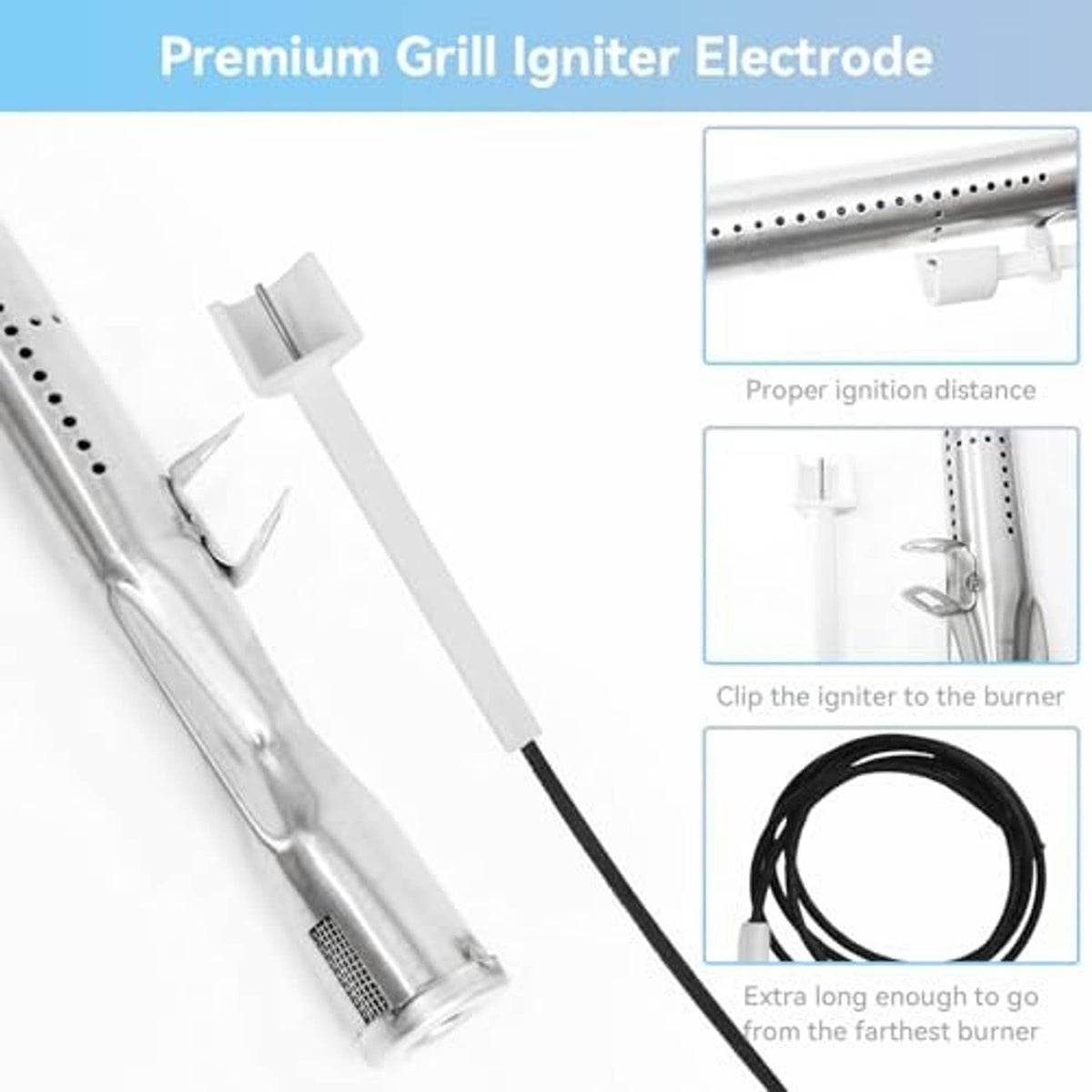 Grill igniter electrode with metal probe and wire harness