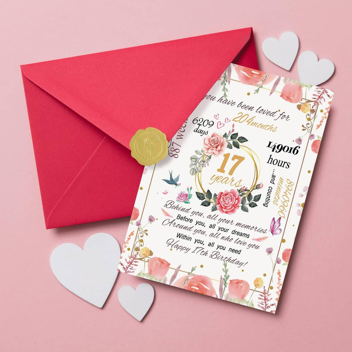 17th birthday card with floral roses, gold “17 years,” paired with a red envelope