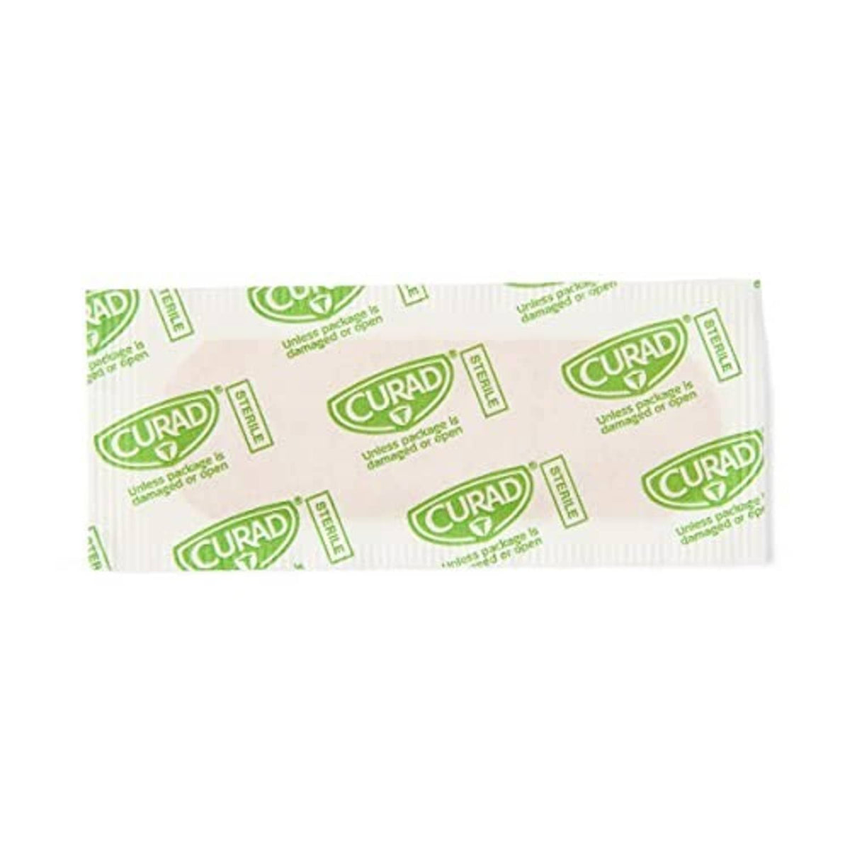 Curad plastic bandage wrapper, white with green logo pattern
