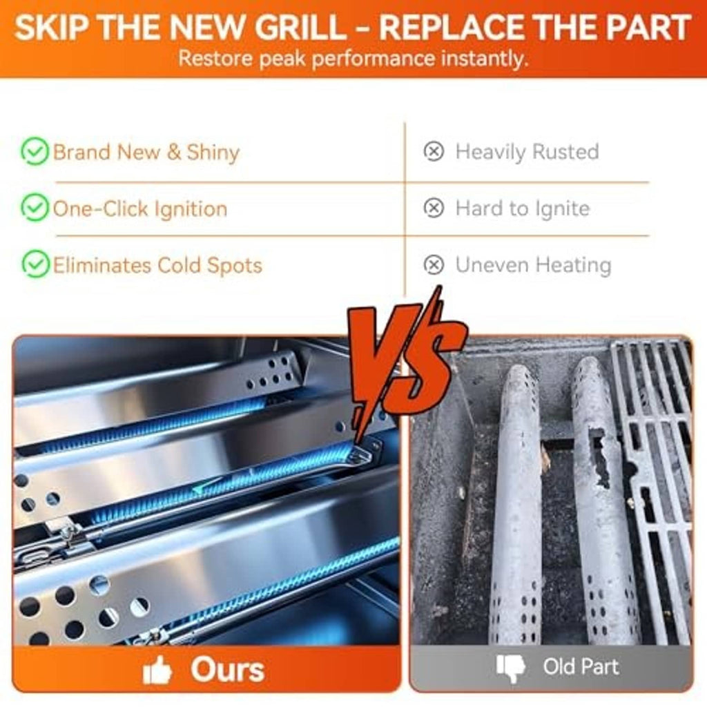 Replacement stainless steel grill burner parts versus old worn burner tubes
