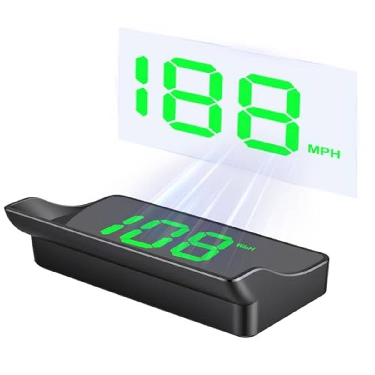 Black speed HUD display with green digits and “MPH,” angled front view