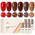 Gel nail polish set with six red-brown shades, bottles and nail swatches