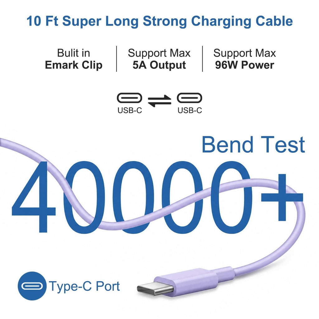 Purple long charging cable with USB-C plug and cable bend near Type-C port