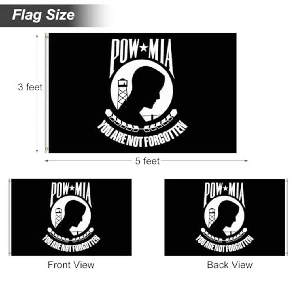 POW*MIA flag size diagram: 3 feet by 5 feet, front and back views shown