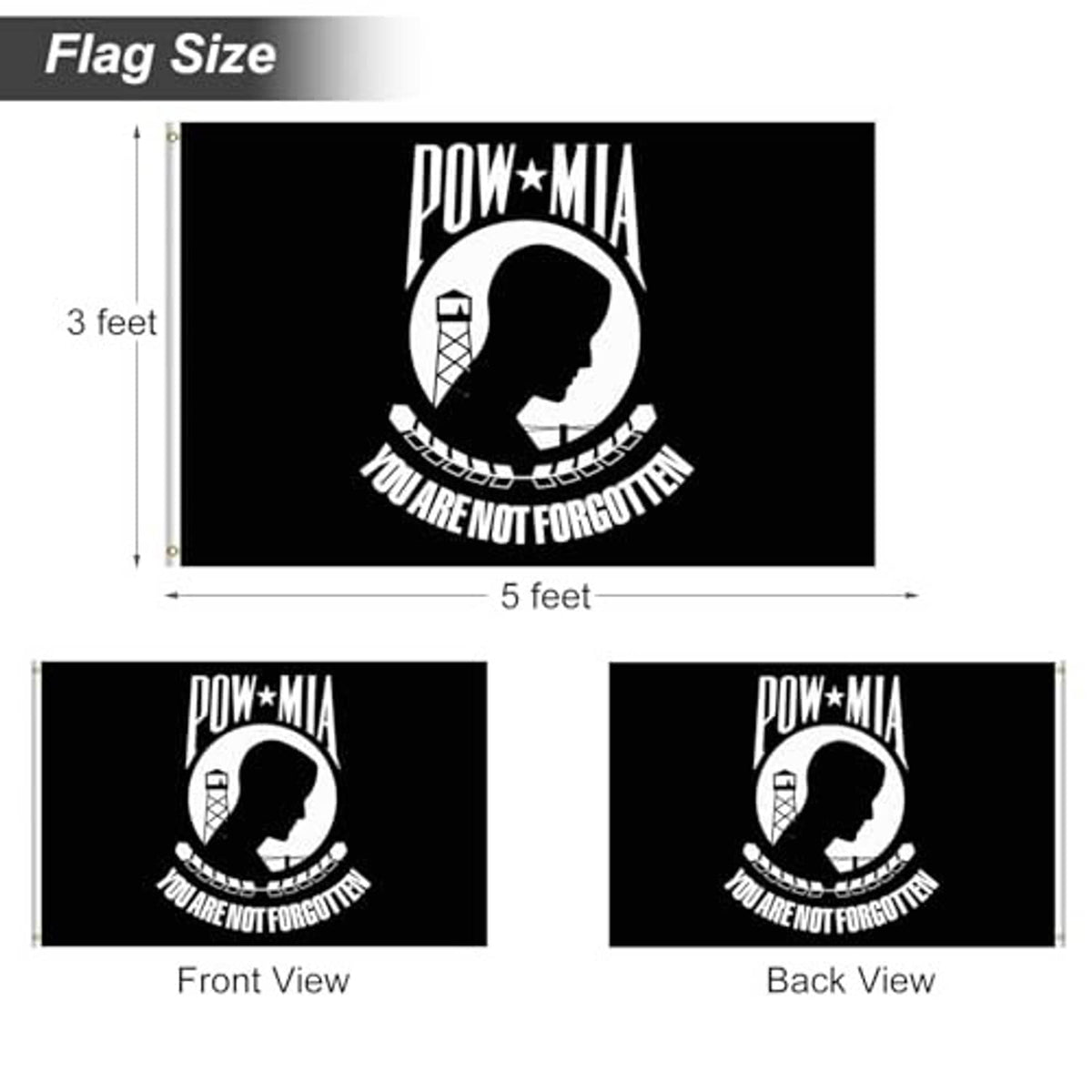 POW*MIA flag size diagram: 3 feet by 5 feet, front and back views shown