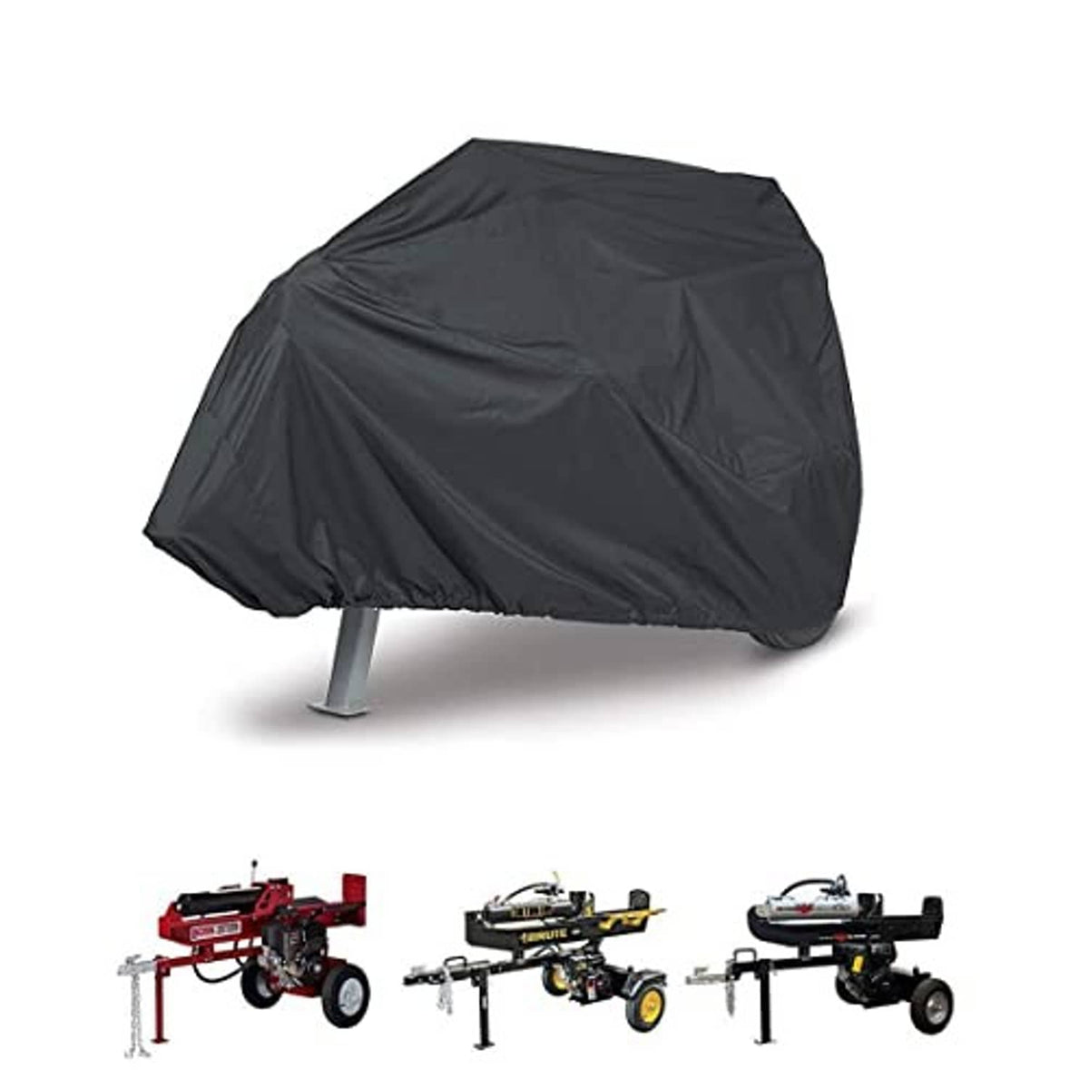 Waterproof black log splitter cover over the splitter, with rounded top