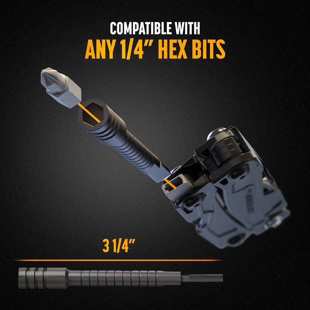 Black ratchet bit extender compatible with 1/4-inch hex bits and extended shaft