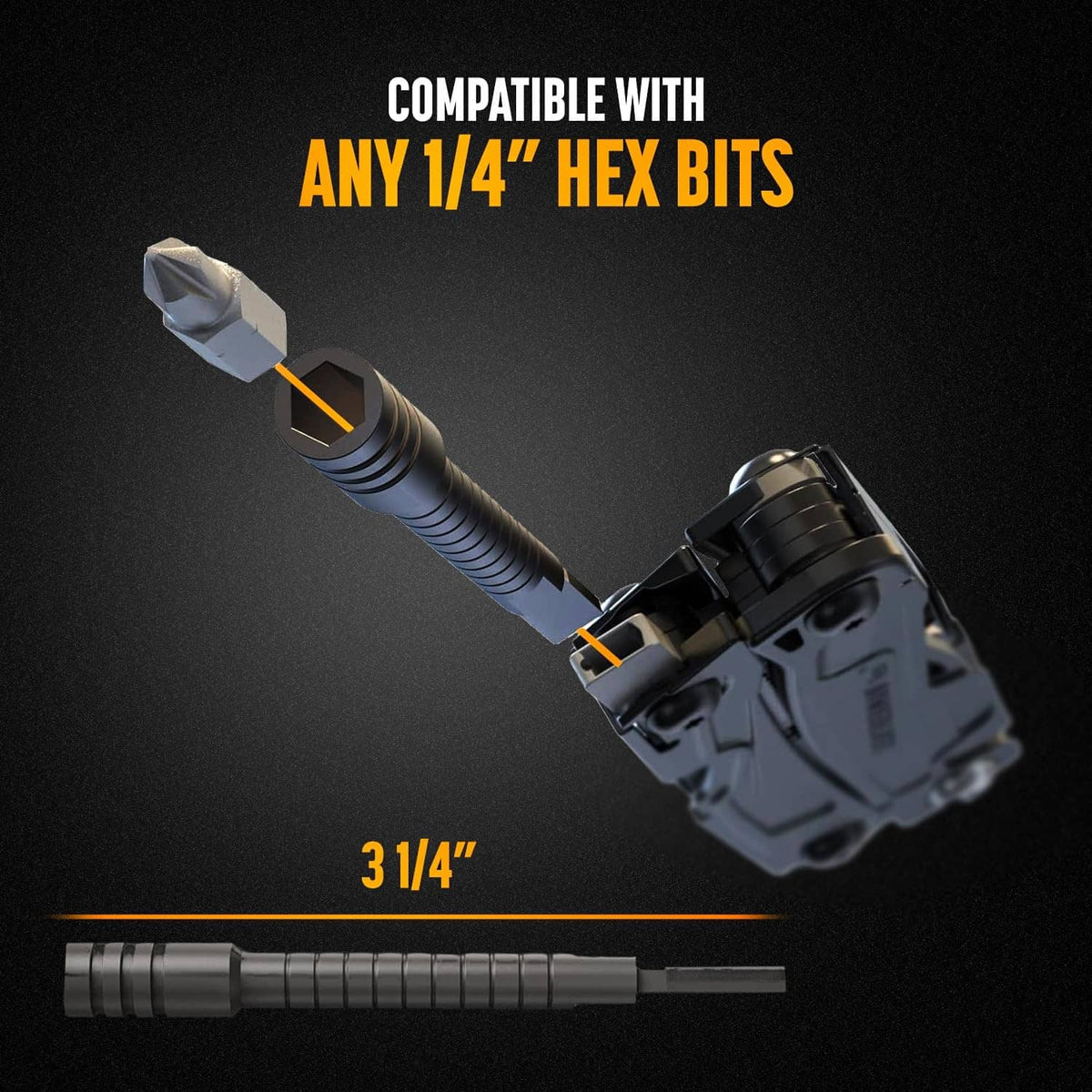 Black ratchet bit extender compatible with 1/4-inch hex bits and extended shaft