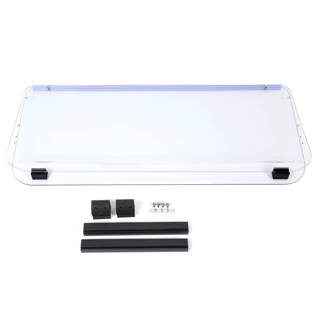 Clear folding golf cart windshield panel with black base feet and included screws