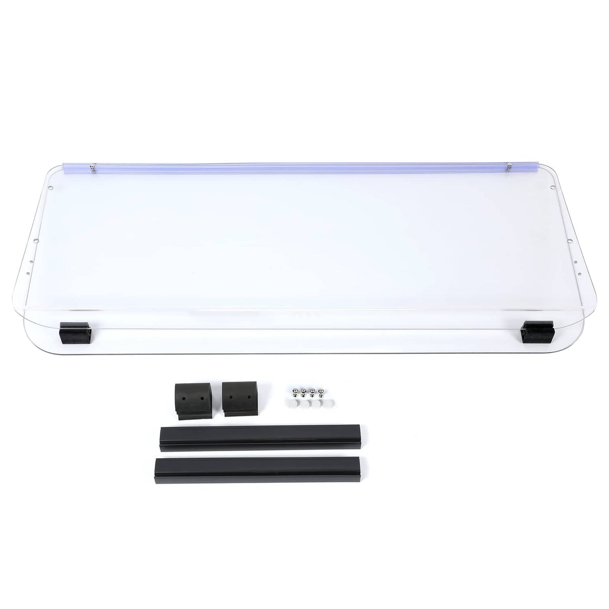 Clear folding golf cart windshield panel with black base feet and included screws