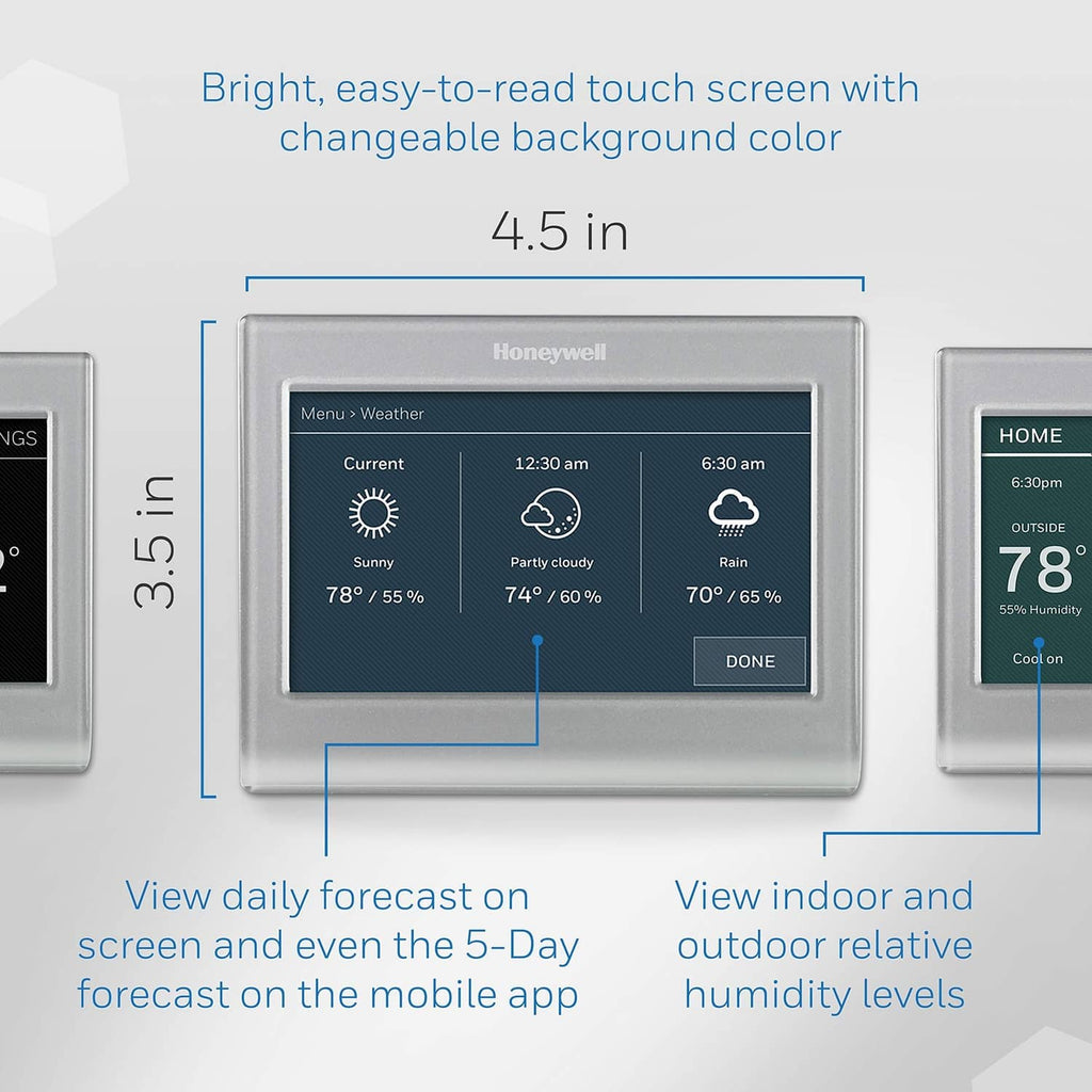 Honeywell Home gray thermostat with blue-toned touchscreen and menu icons