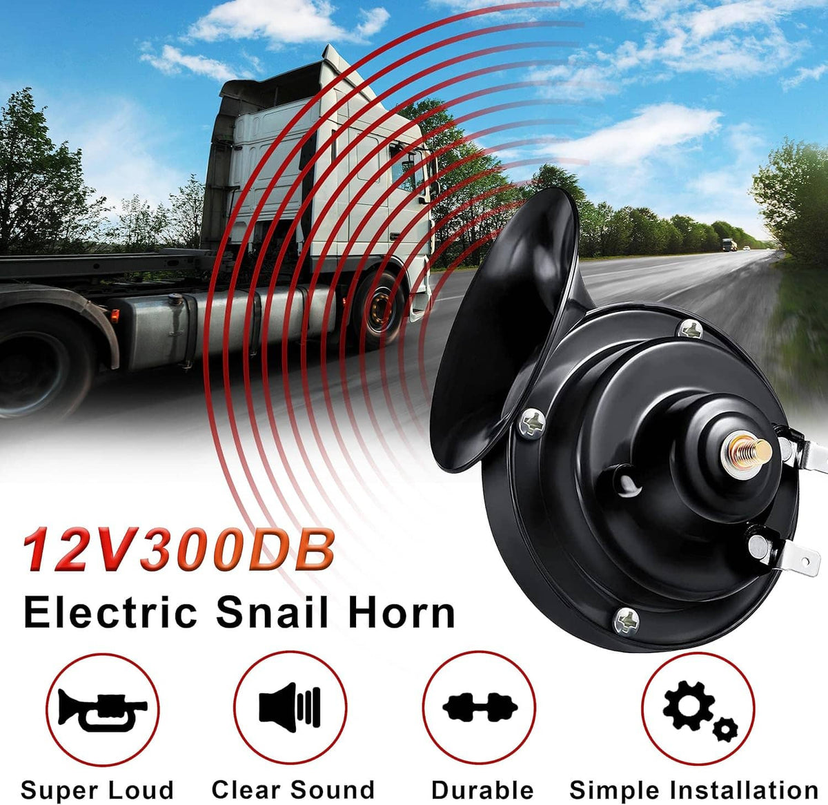 Dual 12V electric snail car horns with red sound-wave graphic