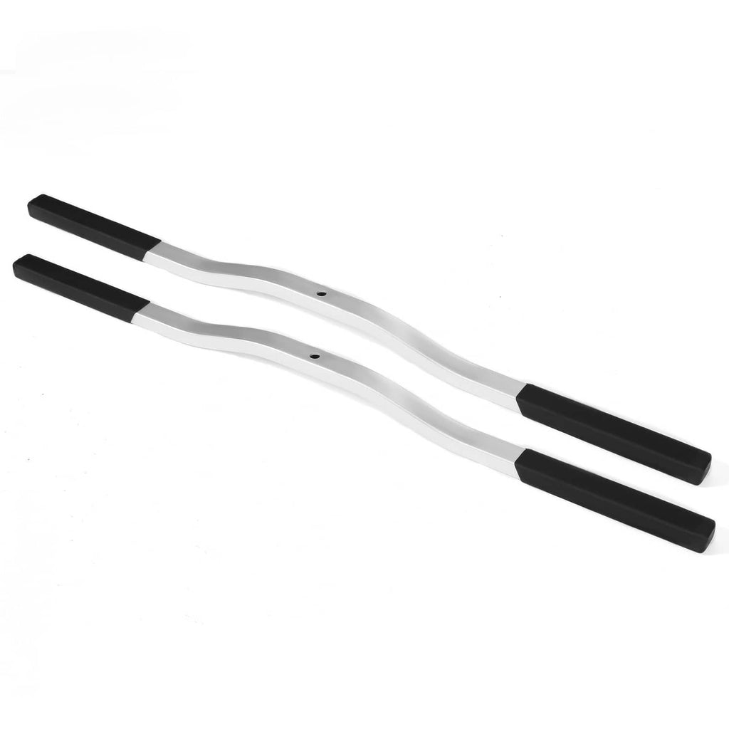 Snowmobile ski tie-down bars with black boots, silver metal, two-piece set