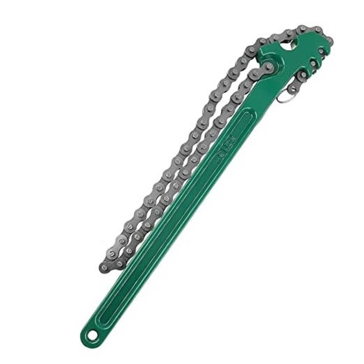 Green ratcheting chain wrench with curved handle and metal roller chain jaws