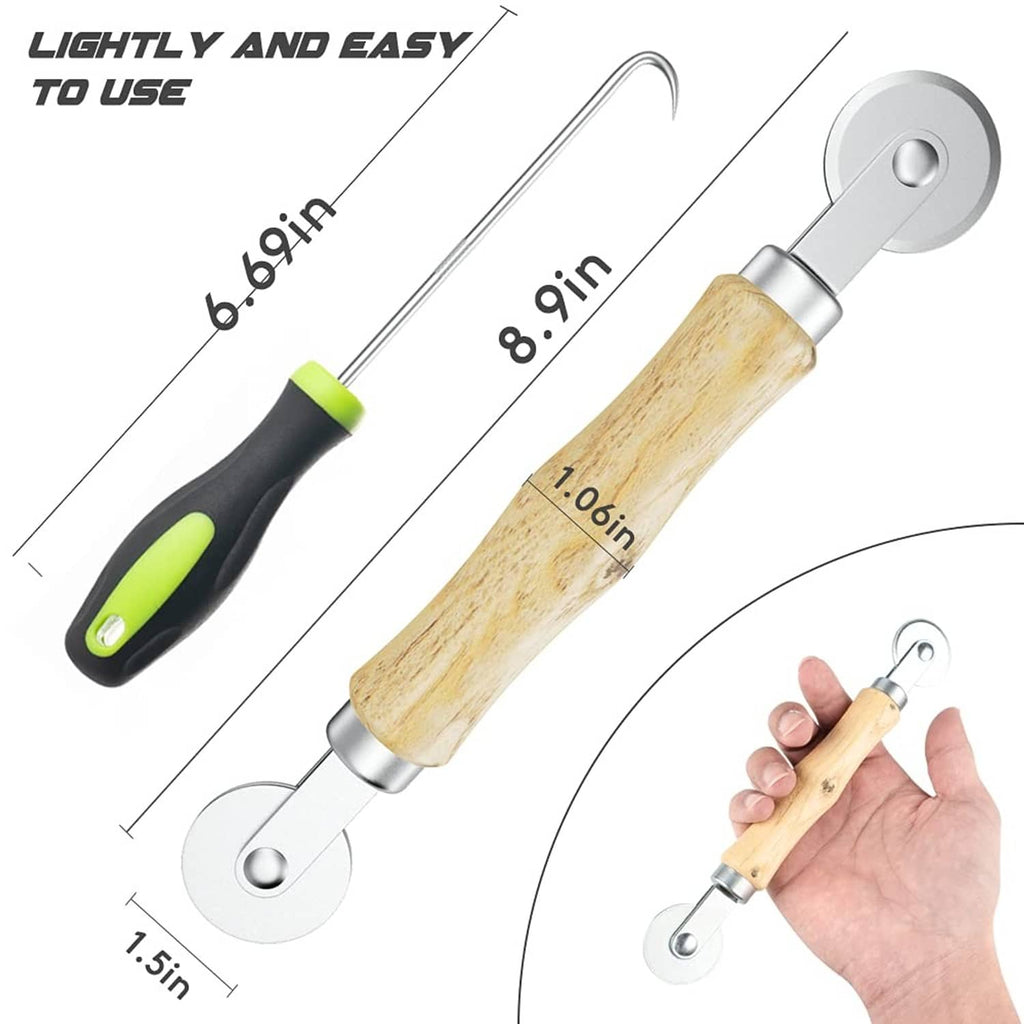 Screen repair hand tools with wooden handles and green-grip roller ends