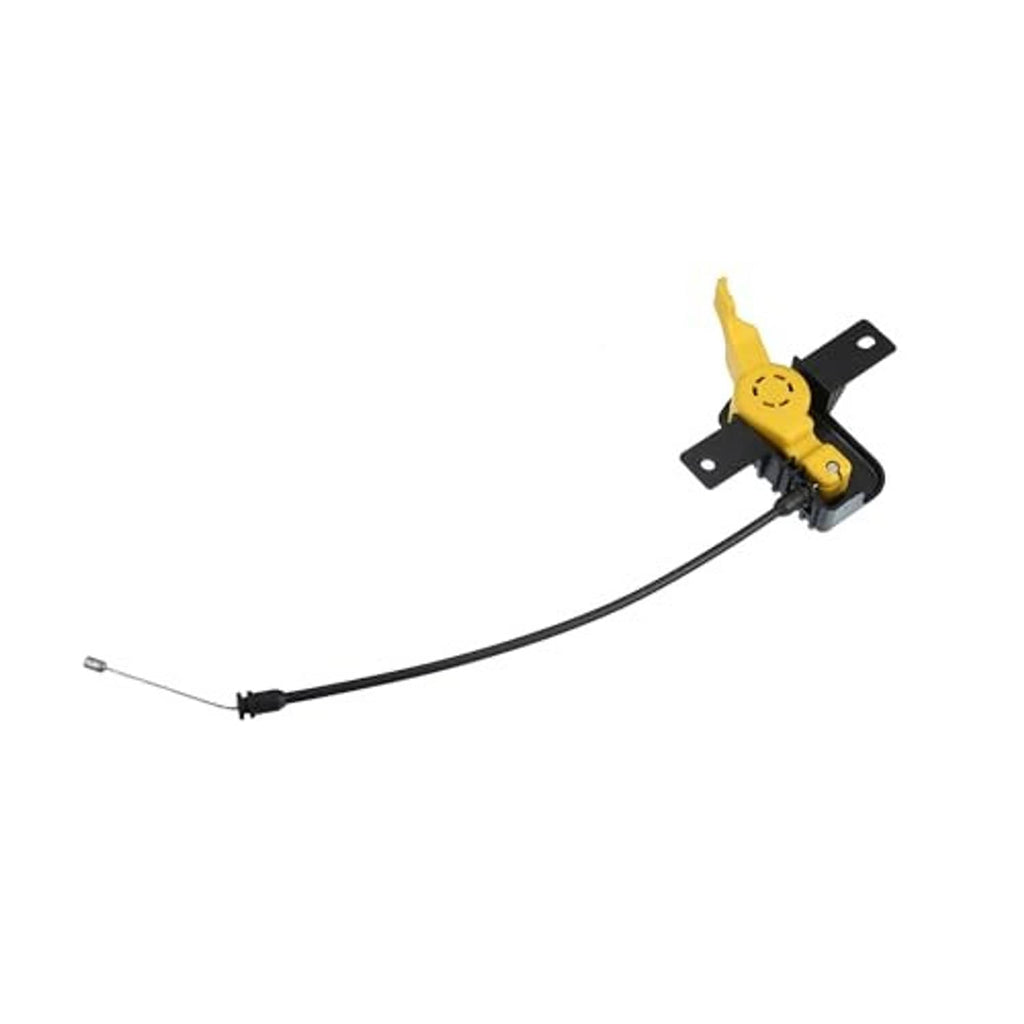 Hood release cable assembly with yellow latch lever and black cable, angled view