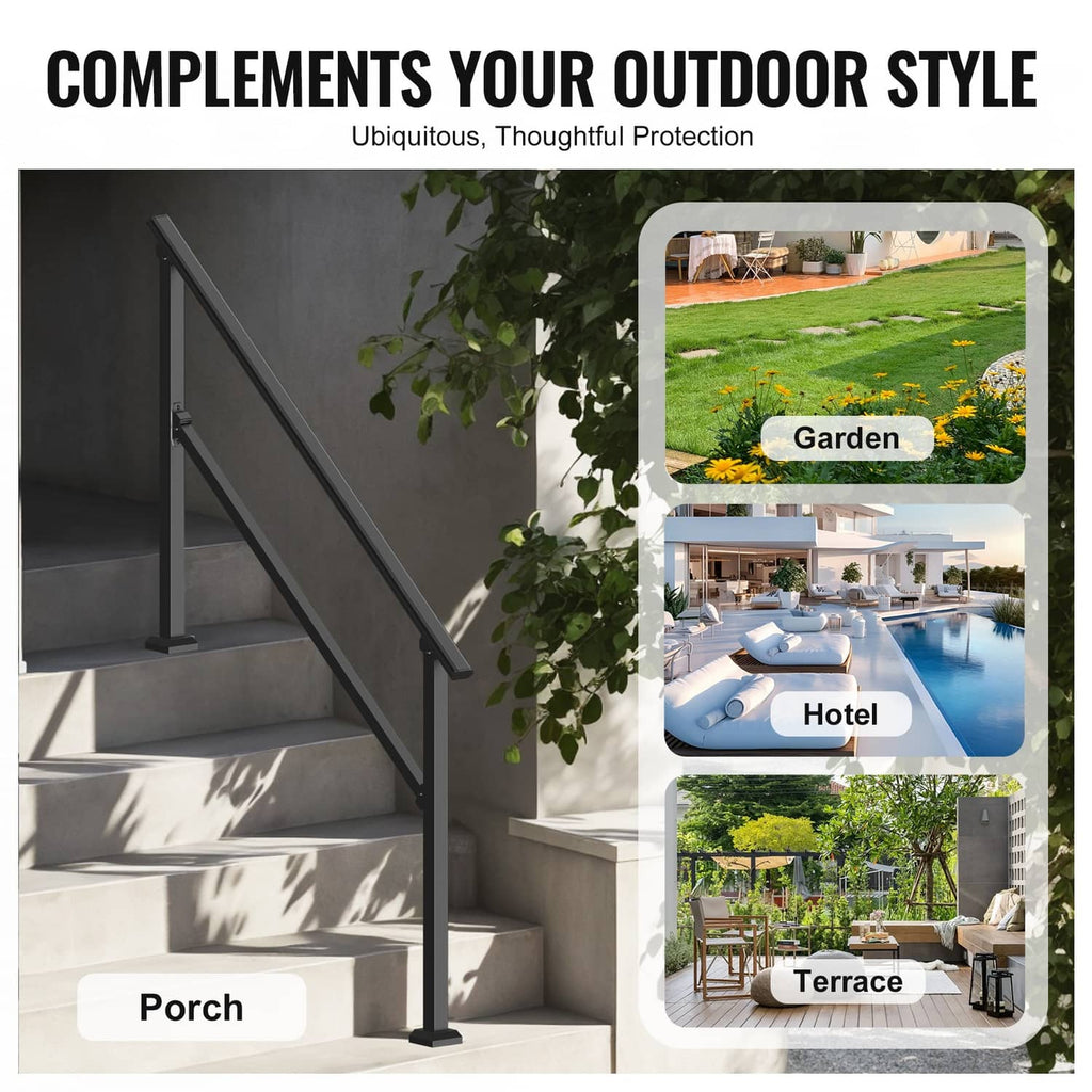 Outdoor black carbon steel stair handrail with diagonal rail and two posts