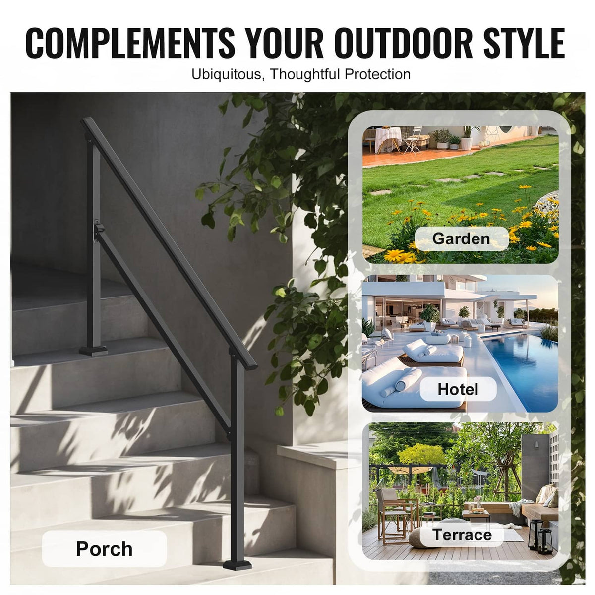 Outdoor black carbon steel stair handrail with diagonal rail and two posts