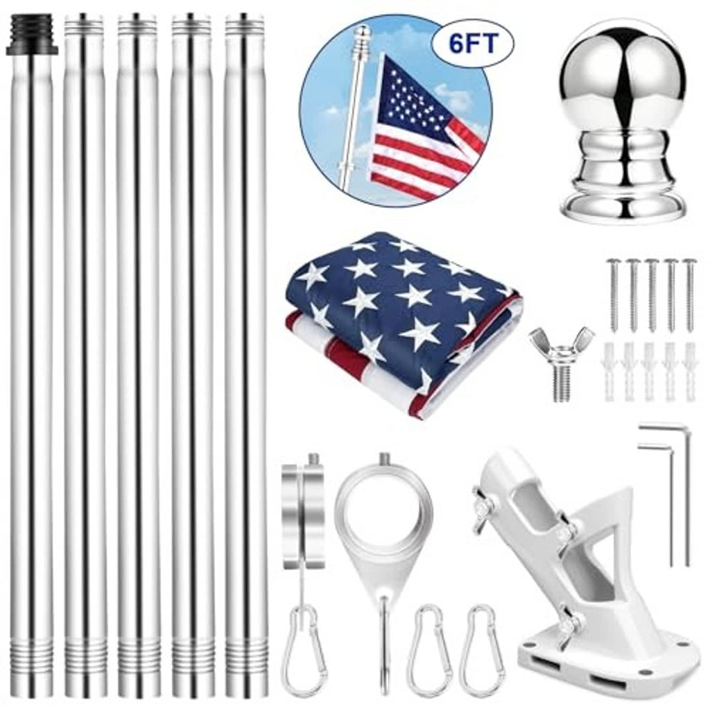 American flag with metal flagpole kit: pole sections, finial ball, base collar, bracket