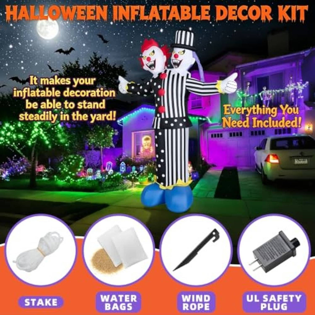 Outdoor inflatable two-headed clown decoration in black-and-white striped suit with blue base