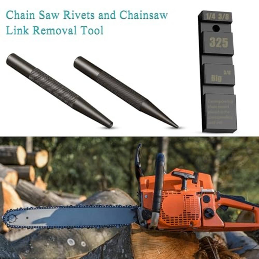 Chain saw rivets and link removal tool kit with two pocket tools and preset strips