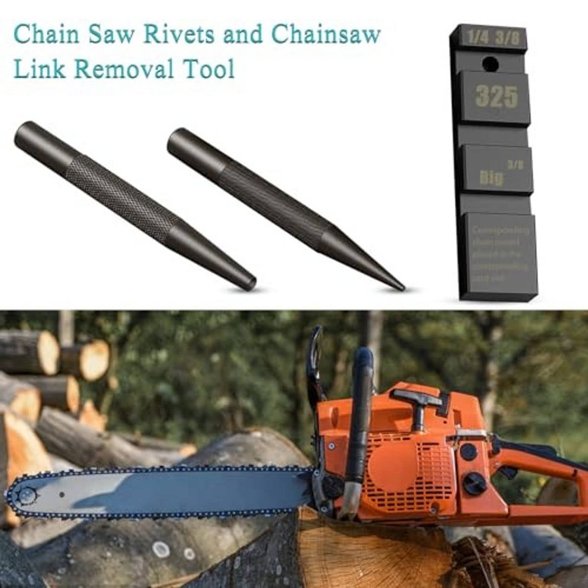 Chain saw rivets and link removal tool kit with two pocket tools and preset strips