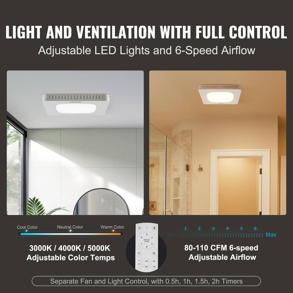 Bathroom exhaust fan with adjustable LED lights and 6-speed airflow control