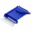 Blue plastic L-shaped pill counting tray with hinged spatula and side compartment