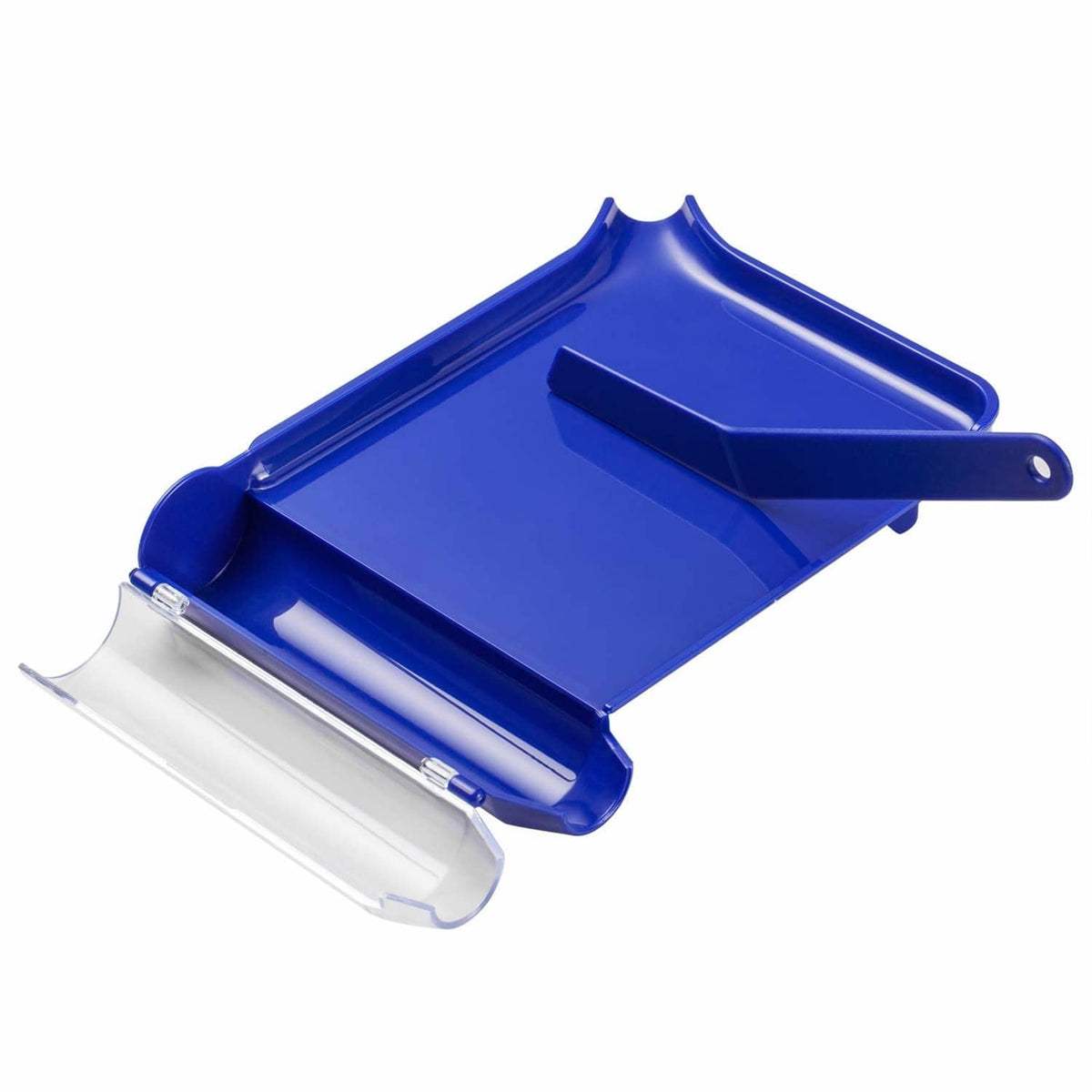 Blue plastic L-shaped pill counting tray with hinged spatula and side compartment