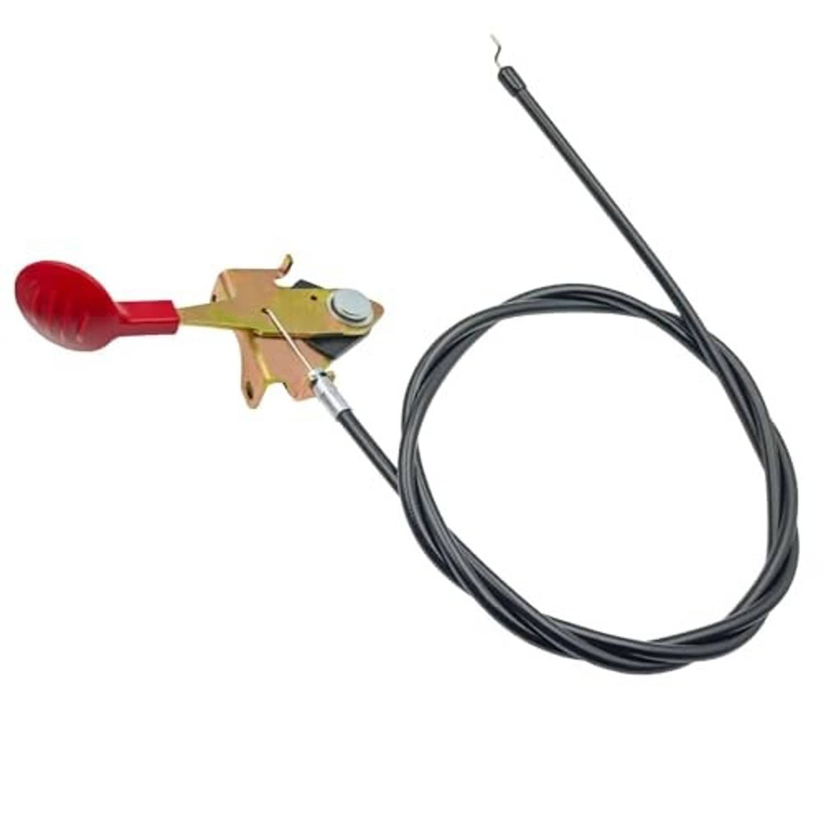 Throttle control cable kit with black cable, red pull knob, and gold actuator bracket