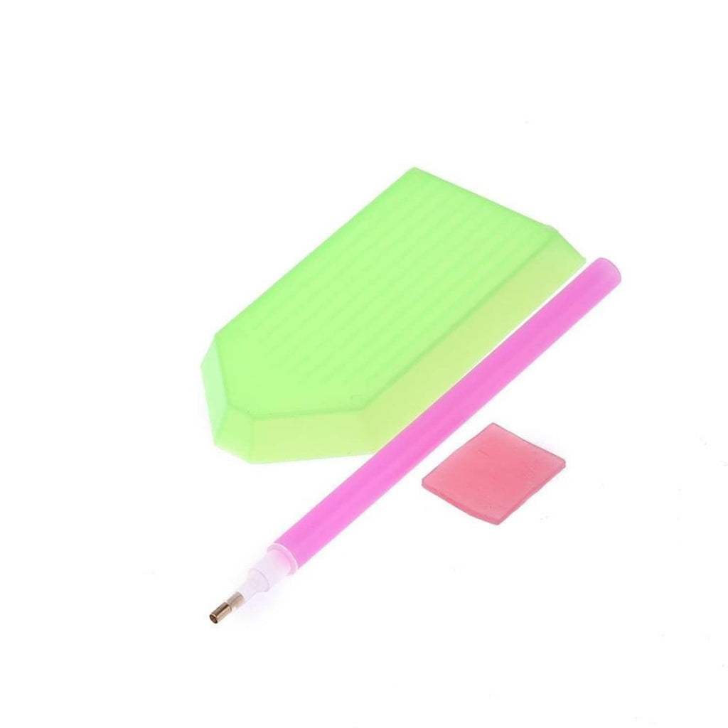 Diamond painting applicator pen with wax, green tray and pink small accessory