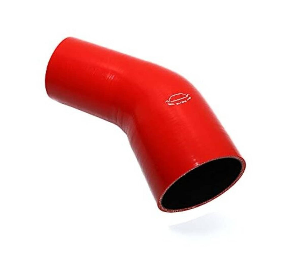 Red silicone 45° elbow reducer coupler, visible black outlet opening and white logo